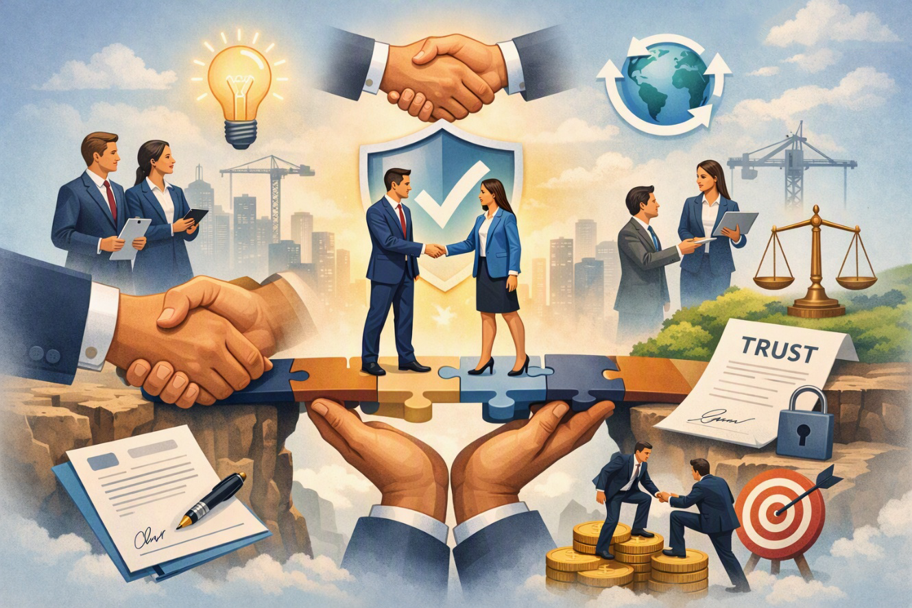 Building trust before business: handshakes, a bridge of puzzle pieces and a signed agreement marked Trust